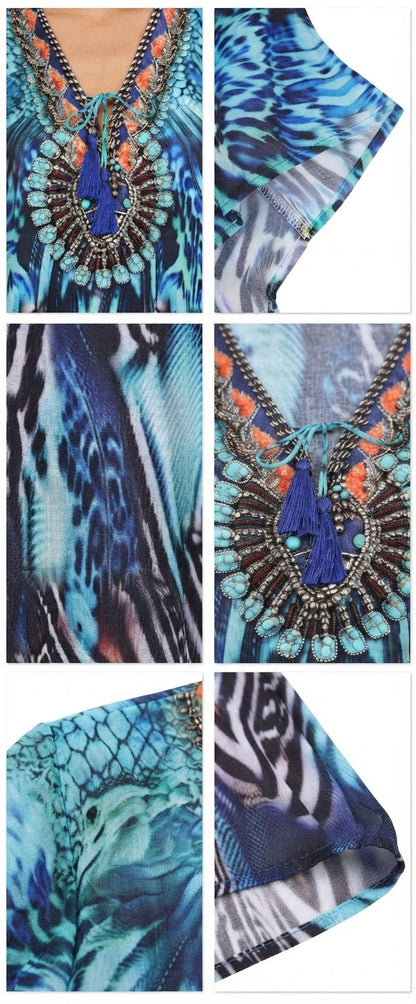 Sakkas Georgettina Flowy Rhinestone V Neck Long Caftan Dress/Cover Up