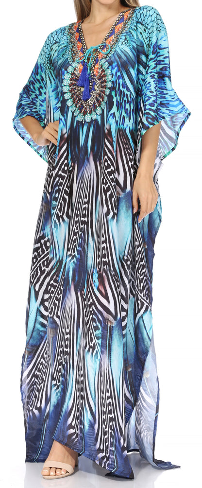 Sakkas Georgettina Flowy Rhinestone V Neck Long Caftan Dress/Cover Up