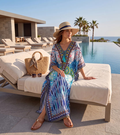 Sakkas Georgettina Flowy Rhinestone V Neck Long Caftan Dress/Cover Up