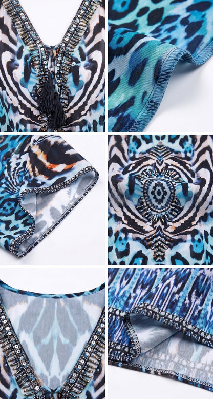 Sakkas Georgettina Flowy Rhinestone V Neck Long Caftan Dress/Cover Up