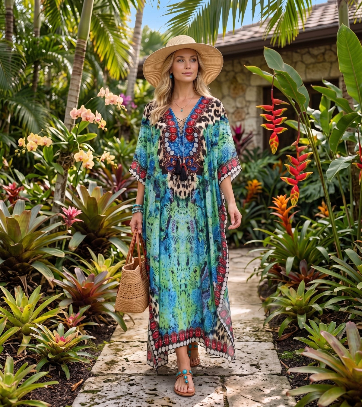 Sakkas Georgettina Flowy Rhinestone V Neck Long Caftan Dress/Cover Up