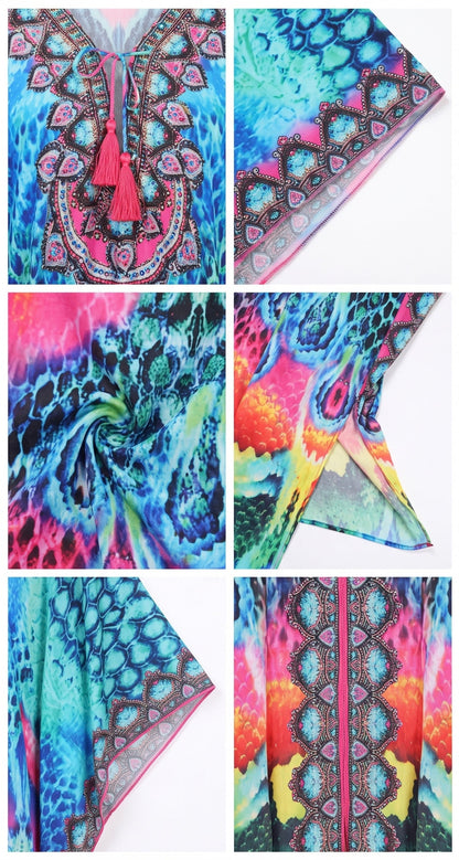 Sakkas Georgettina Flowy Rhinestone V Neck Long Caftan Dress/Cover Up