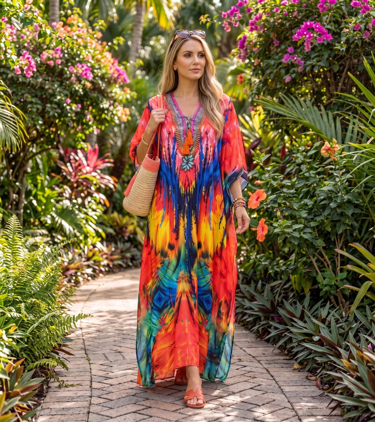 Sakkas Georgettina Flowy Rhinestone V Neck Long Caftan Dress/Cover Up