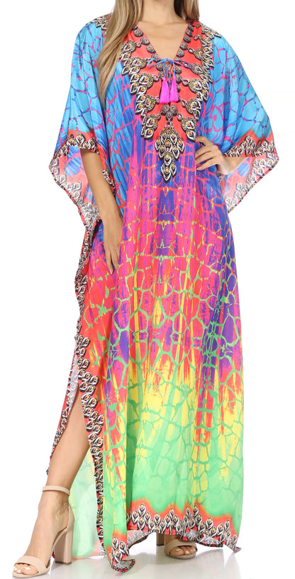 Sakkas Georgettina Flowy Rhinestone V Neck Long Caftan Dress/Cover Up