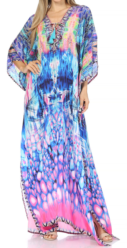 Sakkas Georgettina Flowy Rhinestone V Neck Long Caftan Dress/Cover Up